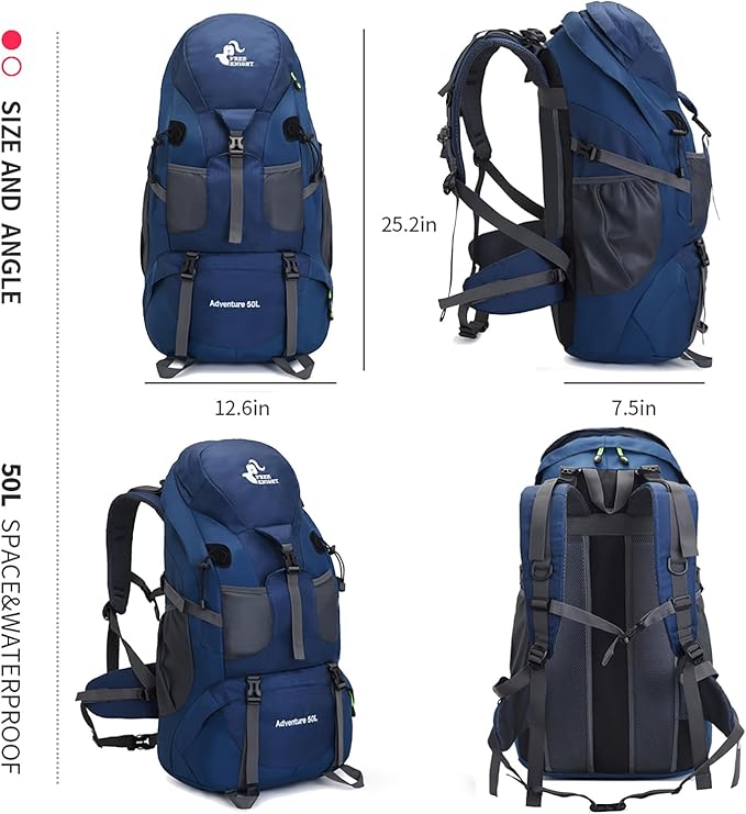 Bseash 50L Hiking Backpack, Water Resistant Lightweight Outdoor Sport Daypack Travel Bag for Camping Climbing Skiing Cycling (Navy Blue - With Shoe Compartment)