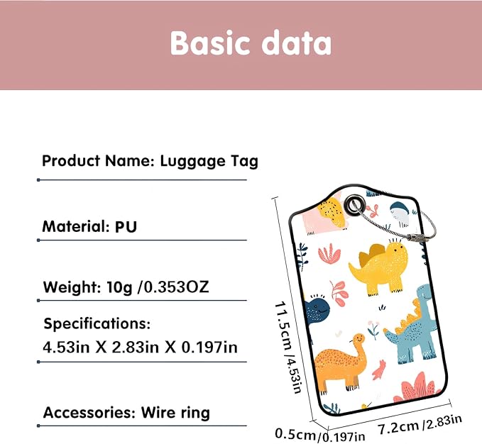 Luggage Tags for Suitcases, 2-Pack PU Leather for Cruise & Travel, Baggage ID Tags with Privacy Cover & Address Card, Durable Metal Ring, Kids Adults Travel Accessories, Playful Dinos