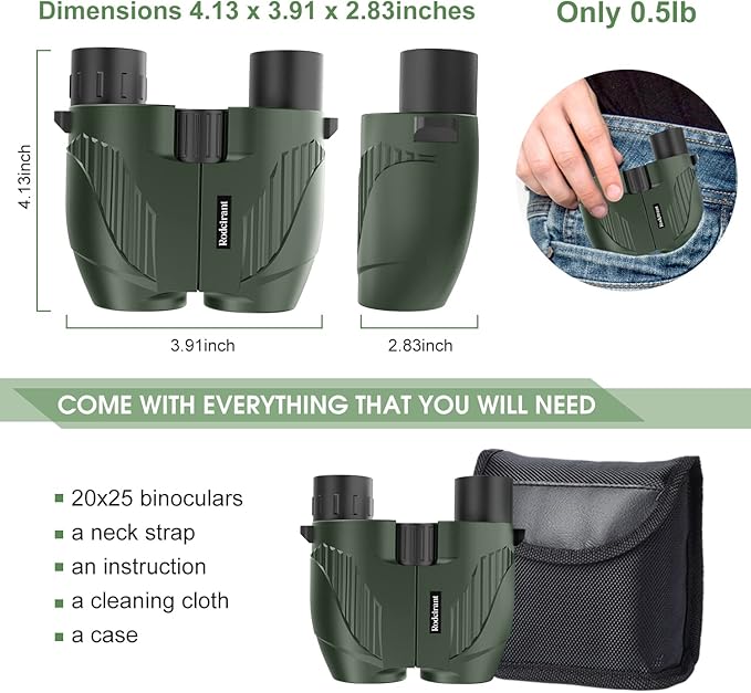 20X25 Compact Binoculars for Adults and Kids,Large Eyepiece Waterproof Binocular，Easy Focus Small Binoculars for Bird Watching,Hiking and Concert, Green