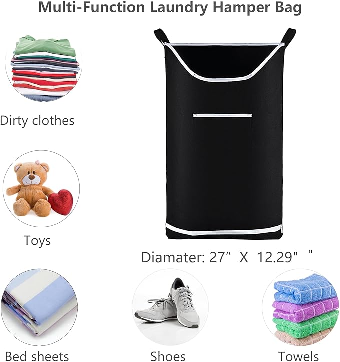 Hanging Laundry Hamper Bag Behind Door Hampers for Laundry Hanging Save Space Zipper Laundry Hamper Door Hanging with 2 PCs Stainless Steel Hooks Suction Hooks for Wall/Bathroom (Black-2Pack)