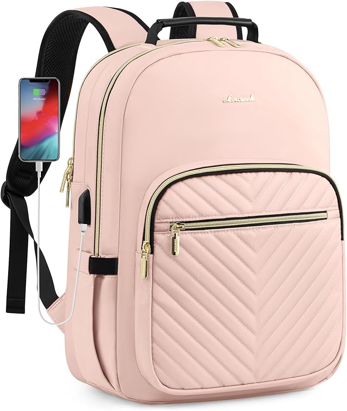 LOVEVOOK Laptop Backpack Purse for Women, Large Capacity Travel Business Computer Work Bag, Quilted Casual Nurse Backpack for Womens, Fit 15.6 Inch Laptop with USB Port, Nude