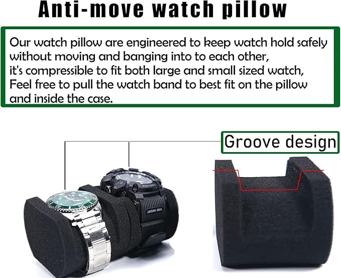 Hard Watch Travel Case,3 slots Watch Roll Case Storage and Organizer for Men and Women, with anti-move watch pillow (Black 3slot with green lining)