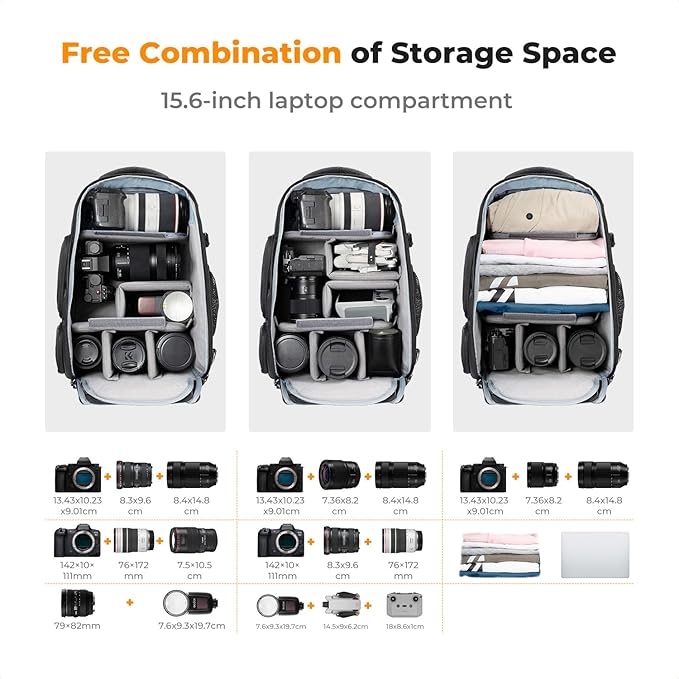 K&F CONCEPT Camera Backpack,25L Large Capacity Camera Bag for Photographers with Raincover and 15.6 Inch Laptop Compartment Compatible for Canon/Nikon/Sony/DJI Mavic Drone