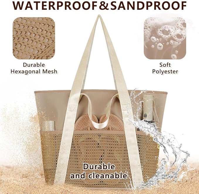 Waterproof Sandproof Beach Bag with Zipper and 6 Pockets - Foldable Lightweight Tote for Pool, Travel