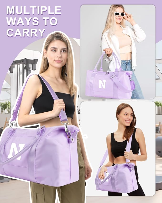 Daughter Niece Gifts for Teen Girl Kids, Initial Travel Duffel Bag Sports Gym Bag Personalized Gifts Weekender Bag，Monogram Overnight Bag Cute Dance Bag Birthday Bridesmaid Gifts for Women(Purple, N)