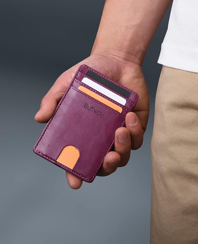 Buffway Mens Slim Wallet, Minimalist Thin Front Pocket Leather Credit Card Holder with RFID Blocking for Work Travel