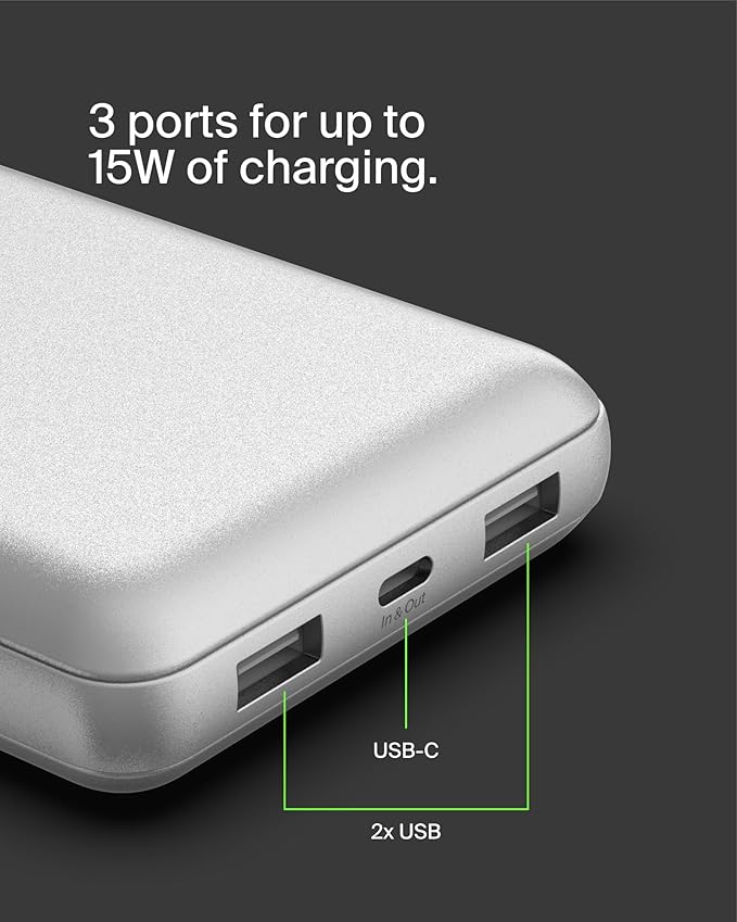 Belkin Portable Charger, USB-C Power Bank 20000 mAh w/ 1xUSB-C Port & 2xUSB-A Ports, 15W w/Type-C to Type-A Cable for iPhone 16, Samsung Galaxy S25, Nintendo Switch 2, Google Pixel 10, etc. - Silver