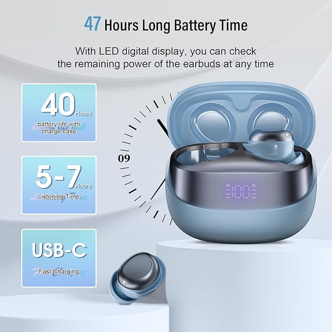 Sleep Earbuds Bluetooth 5.4 in Ear Light-Weight Headphones, Mini Sleep Headphones Small Design for Side Sleepers, 47H Playtime with Charging Case, Clear Calls Earphones, Light Blue