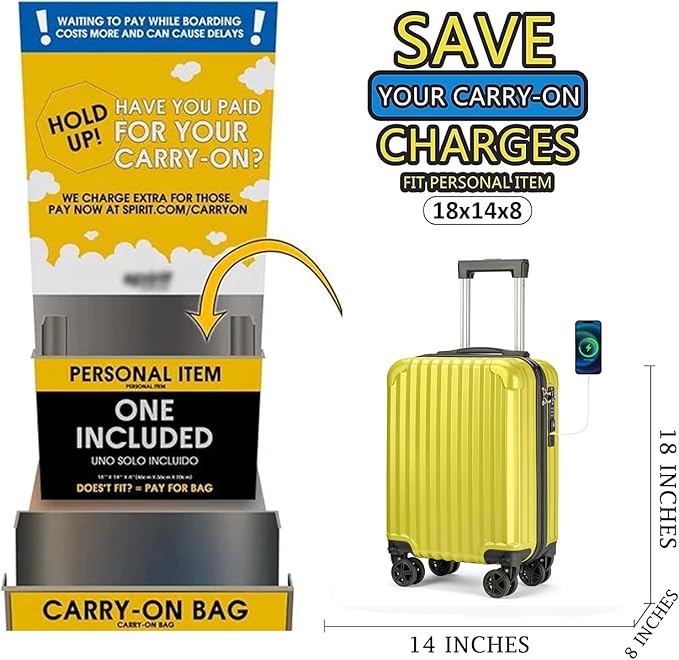 Personal Item Suitcase 18x14x8 Inches Hardside Built In TSA Lock & USB Port Lightweight Luggage With Removable Silent Wheels Underseat Carry-On Bag For Spirit and Frontier and More (Yellow)