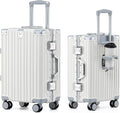 HotWay 24 Inch Aluminum Frame Luggage with Spinner Wheels, PC Hard Shell Suitcase with Cup Holder, Zipperless Luggage for Business Travel, White
