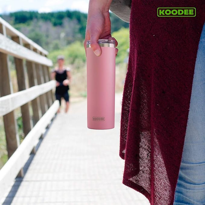 koodee 20 oz Stainless Steel Skinny Tumblers (4 Pack) Double Wall Insulated Water Tumbler Cup with Lids, Straws and Straw Brushes (Teal/Purple/Pink/Black)