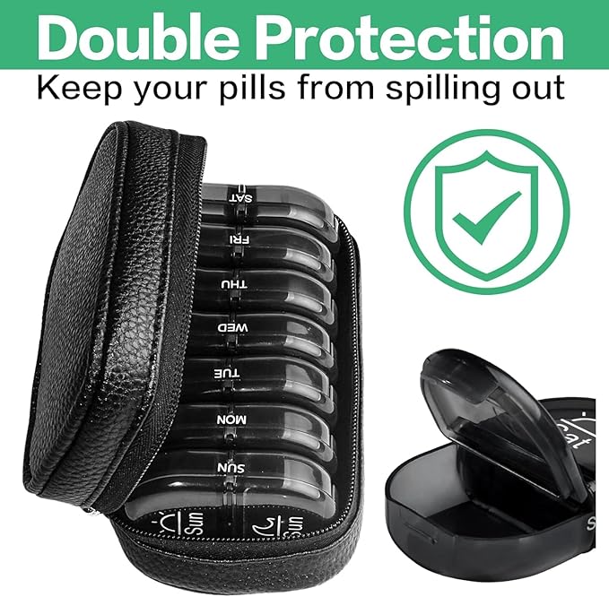 Serfeymi Weekly Travel Pill Organizer 2 Times A Day AM PM Upgraded Black Pill Box 7 Day with Portable Zipper PU Leather Pill Case, Medicine Organizer for Pills, Vitamins, Fish Oils - Black 01