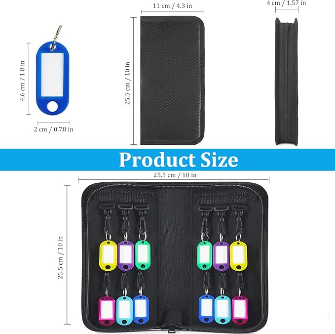 Portable Zippered Key Organizer, Waterproof Fireproof Key Case with 12 Key Hooks and Tags,Portable Key Storage for Rental Management Real Estate Sales Hotel Executives and Car Service (12 keys)