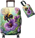 Luggage Cover + Tag, Bee Purple Flowers Travel Suitcase Cover for 18-20 inch Luggage (S) with Concealed Zipper, Washable Elastic Cloth, Dustproof, Anti-Scratch