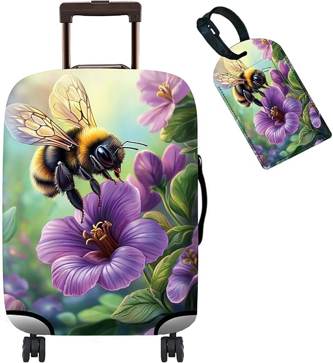 Luggage Cover + Tag, Bee Purple Flowers Travel Suitcase Cover for 18-20 inch Luggage (S) with Concealed Zipper, Washable Elastic Cloth, Dustproof, Anti-Scratch