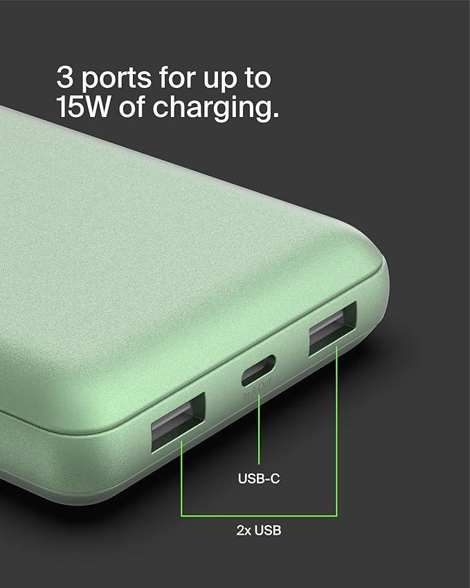 Belkin Portable Charger, USB-C Power Bank 20000 mAh w/ 2X USB-A Ports, 15W w/Type-A to Type-C Cable for iPhone 16, 15, Samsung Galaxy S25, iPad, Nintendo Switch 2, Google Pixel 10, etc. - Green