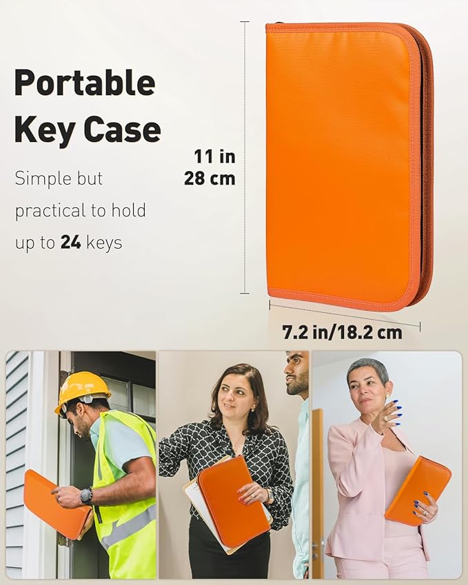 Uniclife Zippered Key Case Organizer Waterproof and Fireproof Orange Key Binder with 24 Hooks and Tags Portable Key Storage Book for Offices Real Estate Agencies Hotels and Rental Management (Orange)