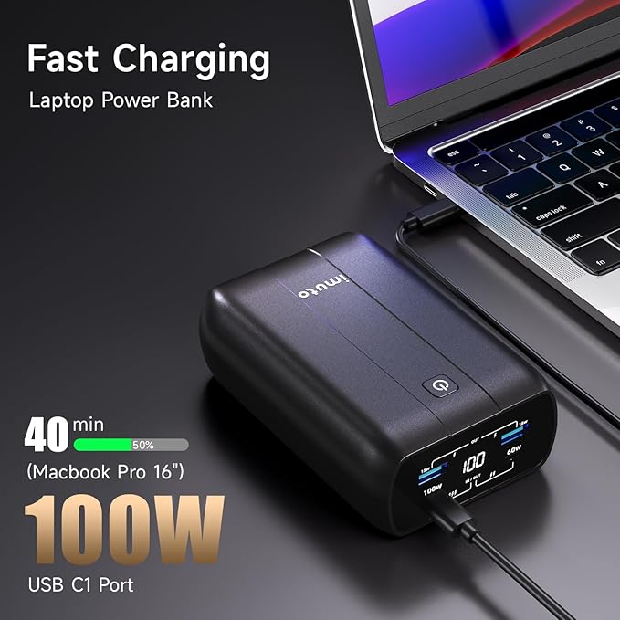 imuto 100W Power Bank, 26800mAh High Capacity 4-Output Laptop Portable Charger, Fast Charging USB C PD3.0 External Battery Pack for MacBookPro, Dell, XPS, Steam Deck, iPad Pro, Tablet, iPhone 15 14