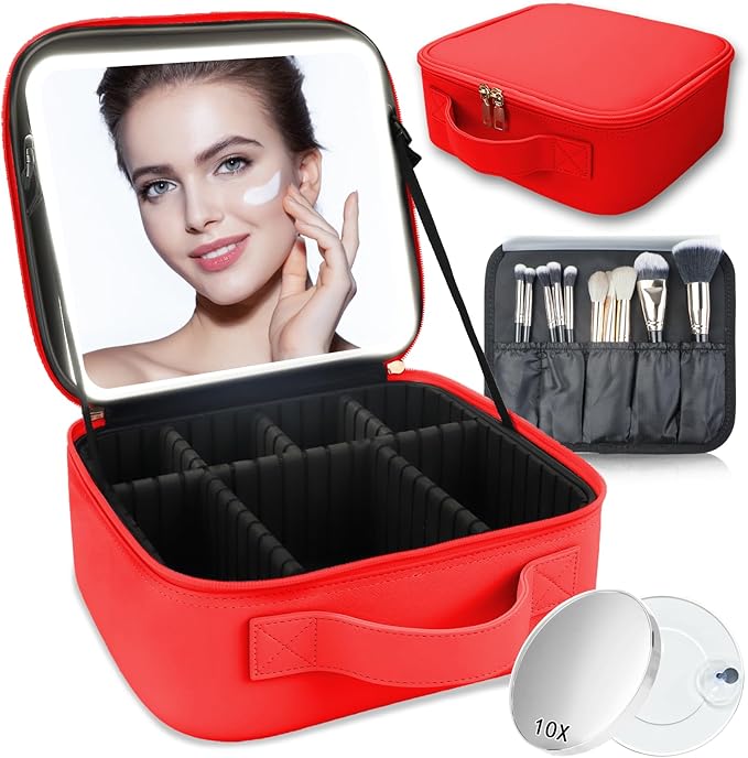 Makeup Bag with Led Mirror,Travel Makeup Organizer with 3 Color Setting & 10X Magnifying Mirror, Portable Storage and Adjustable Dividers Travel Makeup Bag-red