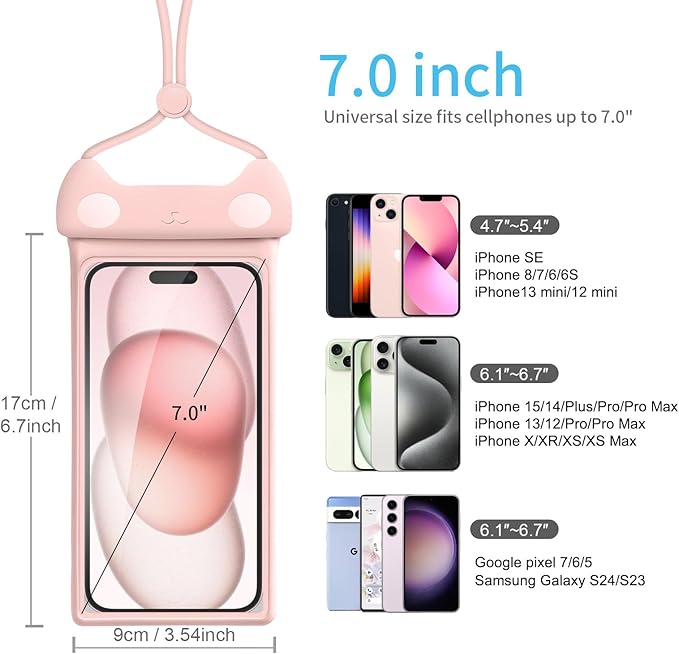 wellhouse Waterproof Phone Pouch, Waterproof Phone Case for iPhone 16 15 14 13 12 Pro Max XS Samsung, IPX8 3D Cellphone Dry Bag Beach Essentials (2 Pack - Meow Pink & Blue7.0, 7 inch)