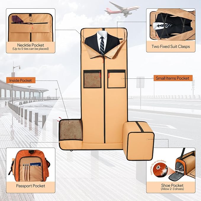 Garment Duffle Bags for Travel, HOMQUIET Convertible Garment Duffel Bag, All YKK Zippers Carry On Garment Bags, 2 in 1 Hanging Waterproof Suit Travel Bag with Shoe Compartment, for Men Women, Brown