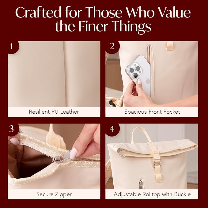 Two Bottle Rolltop Wine Tote Bag – Stylish PU Leather Wine Backpack with Matching Tumblers – Compact & Lightweight Wine Carrier with Padded Straps & Compartments for Travel & Picnics - Beige