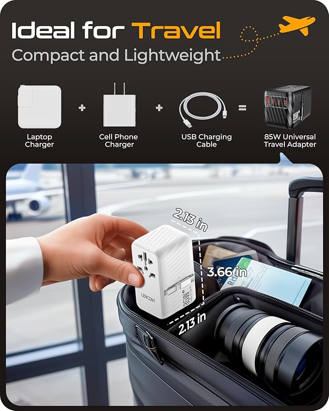LENCENT 85W Universal Travel Adapter with Retractable USB C Cable, GaN International Plug Adapter with 3 Type C &1 USB A Ports Fast Charging, Worldwide Outlet Converter for US to European EU UK AUS