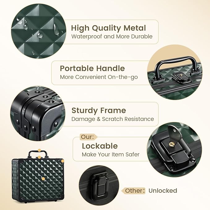 Makeup Box with Magnetic Lighted Up Mirror Makeup Organizer Box Travel Cosmetic Case Portable Vanity with 3 Colors LED MirrorMake up Suitcase with Lockable Keys Dividers Brush Holder Dark Green