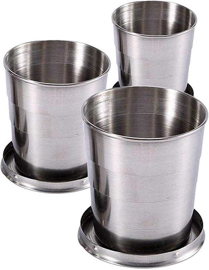 Guyuyii 3-Pack Collapsible Cups with Lid and Keychain – Stainless Steel Foldable Drinkware for Travel, Outdoor Activities, Home Use, Camping, Work, Events, Daily Hydration, and Amusement Parks