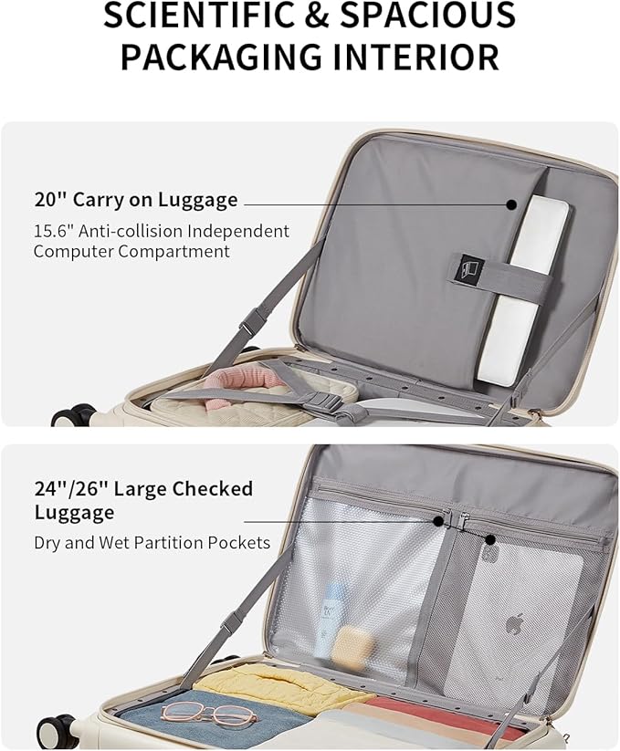 aji Expandable Top Open Luggage Sets 2 Piece with Spinner Wheel, 20/26 Inch Luggage with TSA Lock, Lightweight PC Hardside Travel Luggage Suitcases for Men Women, Coconut White