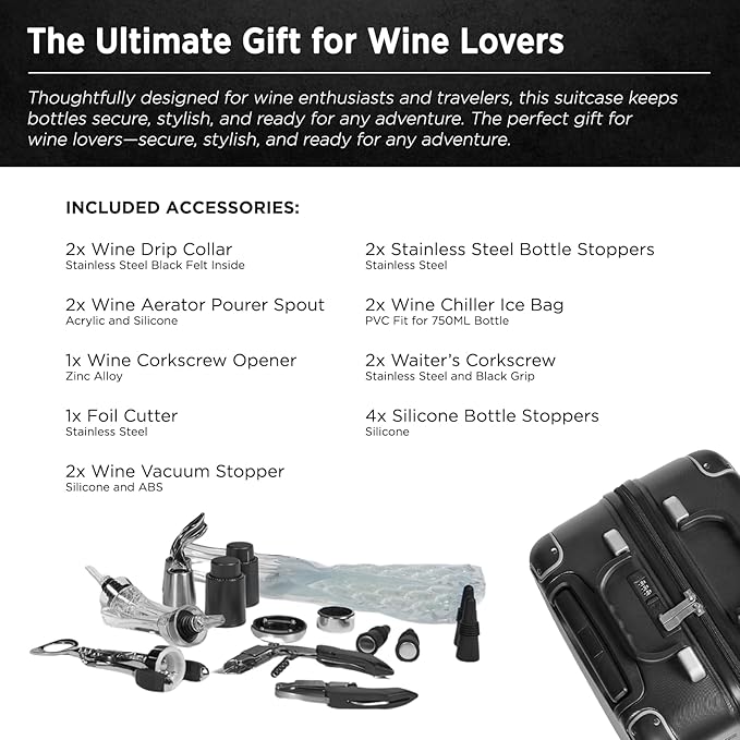 FlyWithWine® by VinGardeValise 12-Bottle Hard Shell Wine Suitcase with Hinomoto 360° Spinner Wheels – TSA Approved Wine Luggage with Removable Foam Insert and 18 Wine Accessories