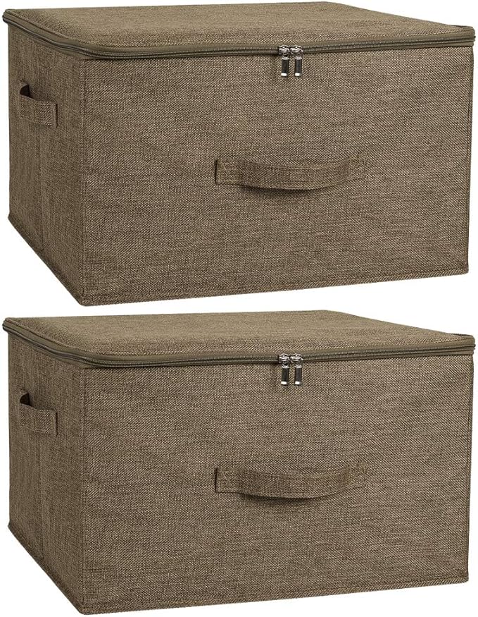 ANMINY 2PCS Storage Bins with Zipper Lids 36 Qt Lidded Fabric Storage Boxes Baskets Cubes with Handles Collapsible Washable Cotton Linen Closet Shelf Clothes Organizer Containers - Coffee, Large