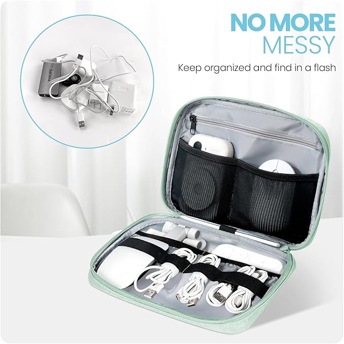 Electronics Organizer Bag, Portable Cable Organizer Case Travel Electronic Accessories Storage Case - Travel storage bag for Cables, Chargers, Phone, SD Cards - Green