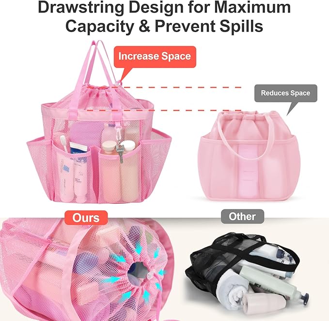 F-color Mesh Shower Caddy Portable with Drawstring - Upgrade Deeper 7 Pockets Dorm Room Essentials for Guys Girls with S Hook, Shower Bag Basket Tote for College Camping Bathroom, 2 Pack Pink