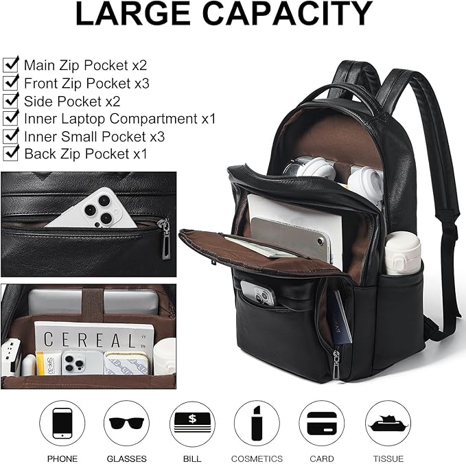 30L Business Laptop Backpack for Women Men, Travel Work Backpack Purse Faux Leather College Bookbag fits 15.6" Laptop - Black