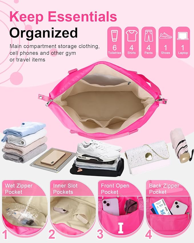 Overnight Bag for Kids Teen Girls Weekender Dance Bag Birthday Graduation Gifts,Initial Travel Duffel Bag Sports Gym Bag Personalized Weekender Bag Carry On Bags Preppy Gifts for Women(Hot Pink, I)