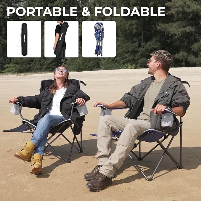 FUNDANGO Folding Camping Chair with Table, Portable Heavy Duty Outdoor Padded Chairs for Adults with Cup Holders for Lawn Beach Picnic Outside Travel (Blue)