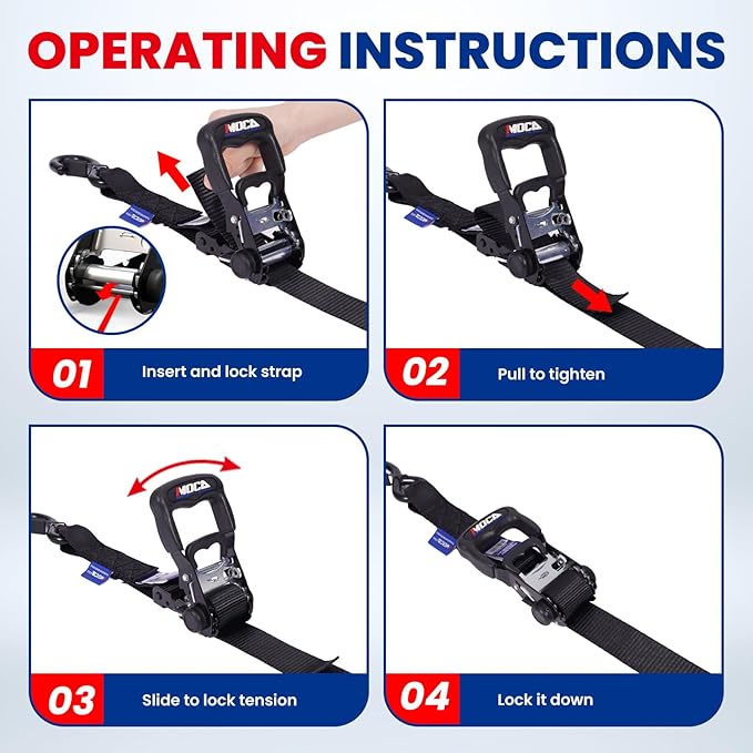 MOCA Heavy Duty Ratchet Tie Down Straps - 5200 Lbs Breaking Strength 1.6" x 8', Includes 4 Heavy Duty Ratchet Padded Handles & Coated Chromoly S Hooks & 4 Soft Loop Tie-Downs