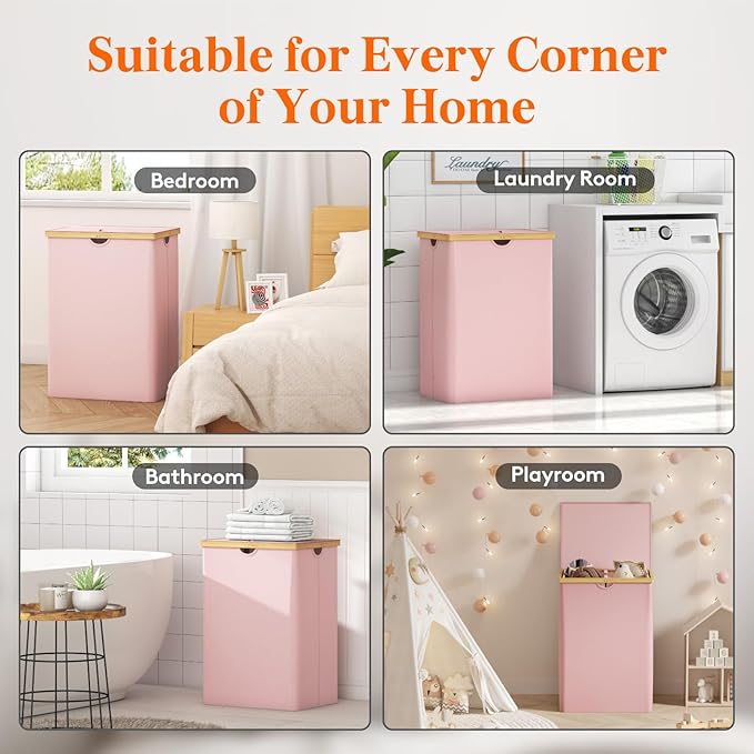 Lifewit 160L Double Laundry Hamper with Lid, Extra Large Bamboo Laundry Basket Dirty Clothes Hamper, 2 Section Laundry Bin Organizer for Laundry Room Bedroom with 2 Removable Liners & Bags, Pink