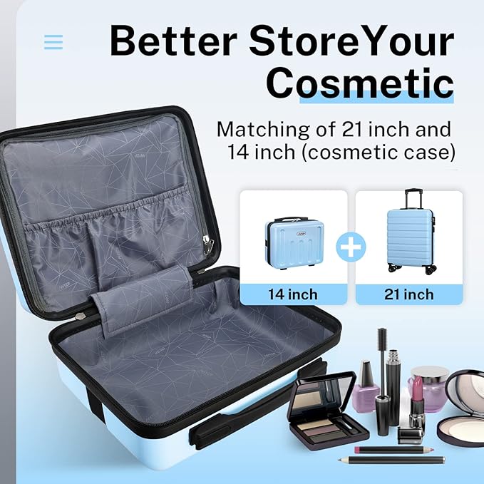 AnyZip 21" Carry On Luggage and 14" Mini Cosmetic Cases Luggage Set Hardside PC ABS Lightweight USB Suitcase with Wheels TSA for kids (2-Piece Set (14/21),Light blue)