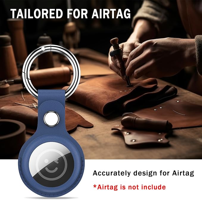 RFUNGUANGO Airtags Holder Keychain Keyring, 4 Pack Leather Case Cover for Women Men Kids with Apple Air Tag GPS Tracker Item Finders-Black,Yellow,Blue,White