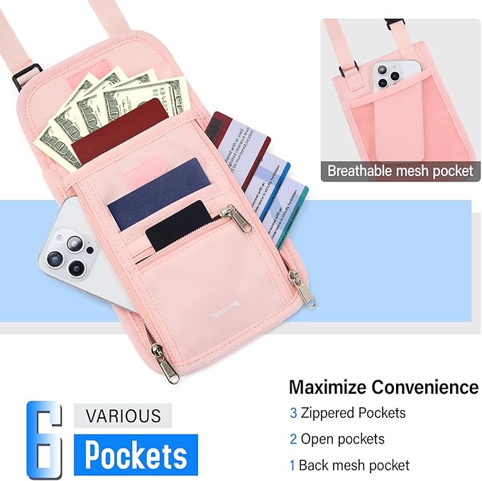 Hanke Passport Holder, Travel Wallet for Womens and Men, Neck Wallet Hidden Passport Pouch for Travel Adjustable Lightweight Thin with 6 compartments (Pink)