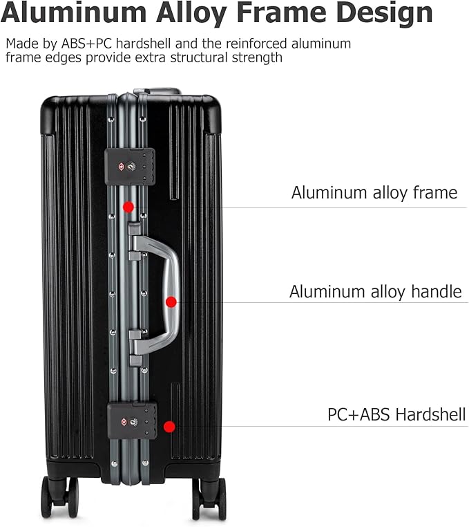 feilario 20in Aluminium Frame PC Hard Shell Spinner Wheels Luggage, Built-In TSA lock Carry on Suitcase, with Cup Holder, USB Port, Phone Holder