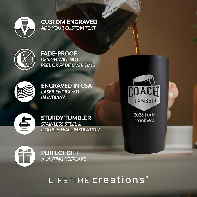 Lifetime Creations Personalized Hockey Coach Tumbler: Custom Hockey Coach Gift, Coaches Coffee Travel Mug from Team, Insulated Engraved Stainless Steel 20 Ounce Cup (Matte Black)