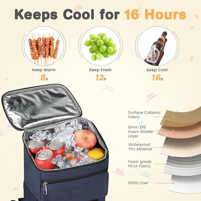 Cooler Backpack Soft Insulated Leak Proof 50 Cans Insulated Backpack Cooler Portable Picnic Camping Beach Hiking BBQ Lunch Backpack for Men and Women - Blue