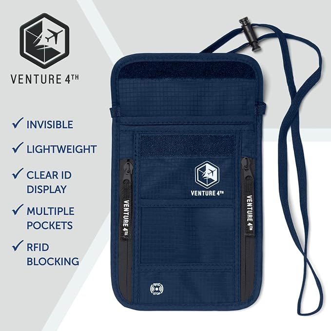 VENTURE 4TH Passport Holder Neck Pouch With RFID Blocking – Hidden Neck Wallet (Navy Blue)