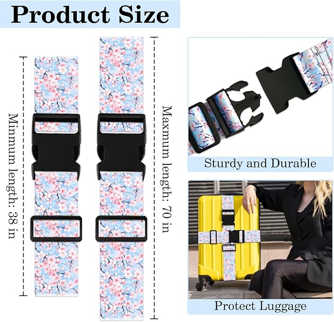 Cherry Blossoms Luggage Straps for Suitcases TSA Approved, Luggage Identifiers for Suitcase, Adjustable Suitcase Strap for Baggage Security with Cute Patten, Travel Necessary Accessories (2Pack)