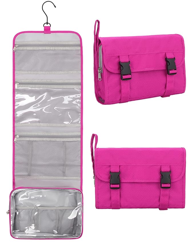 Relavel HangingTravel Toiletry Bag for Women, Large Capacity Toiletries Bag, Travel Essentials Organizer, Hanging Makeup Case for Accessories, Waterproof Bathroom Shower Bag (hot pink)