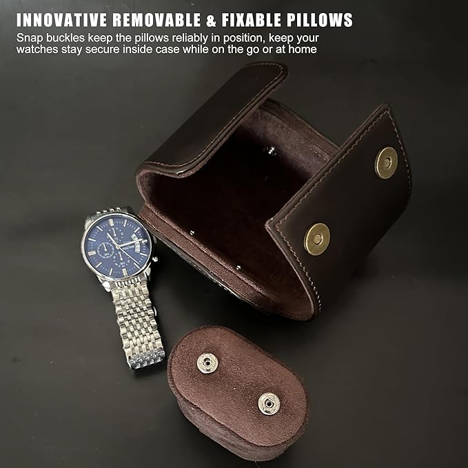 Longjet Watch Roll Travel Case for Men Portable Watches Organizer Box with Removable Velvet Pillow Holder (1 Slot Chocolate Brown/Genuine Leather)