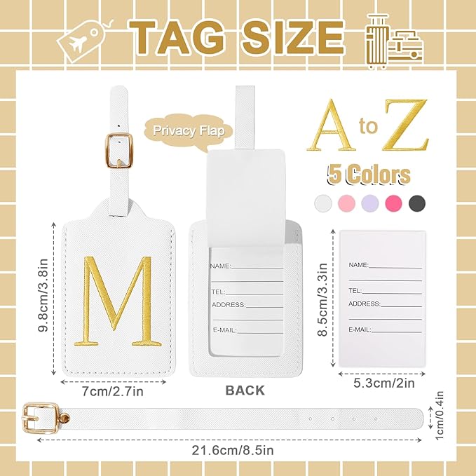 Personalized Initial Luggage Tags for Suitcase TSA Approved, White Leather Cute Luggage Tag with Privacy Cover Name Card, Embroidered Custom Luggage Tags Travel Baggage Tags Gifts for Women Kids(M)